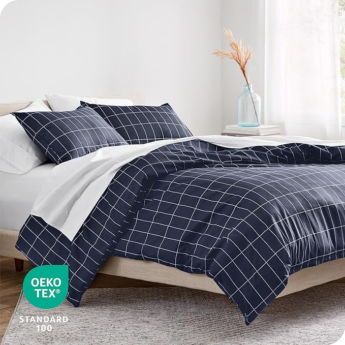Bare Home Bedding Duvet Cover Extra Long Size - Premium 1800 Super Soft Collection - Lightweight - Soft Textured Bedding (Twin/Twin XL, Grid - Midnight Blue/White)