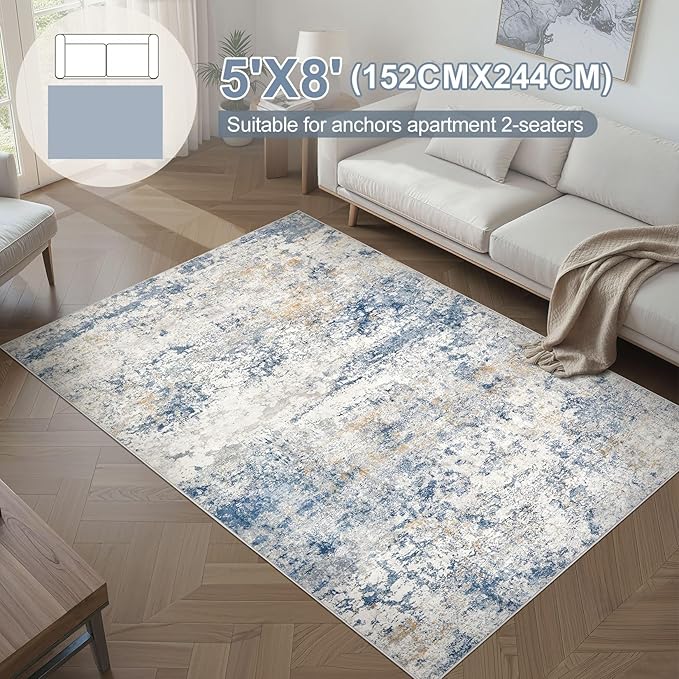 Area Rug Living Room Rugs - 5x8 Abstract Large Soft Indoor Washable Rug Neutral Modern Low Pile Carpet for Bedroom Dining Room Farmhouse Home Office - Blue