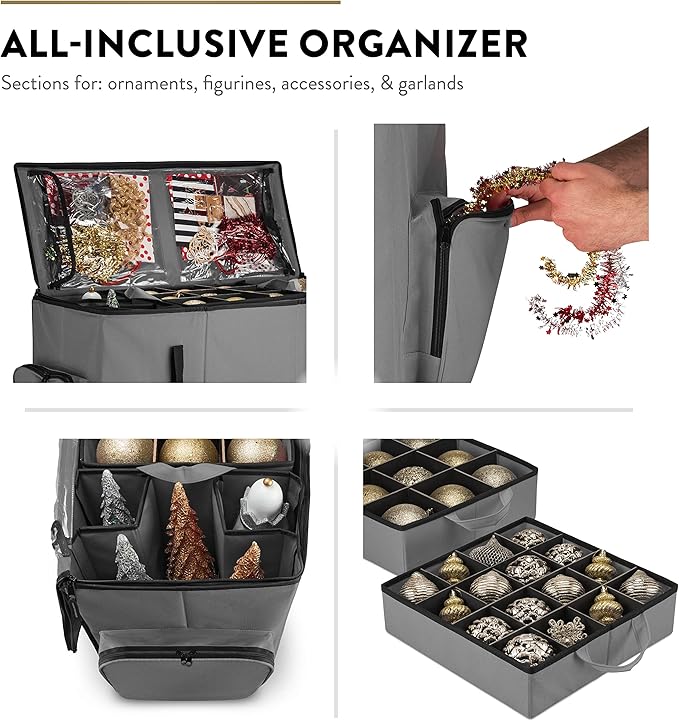 ZOBER All in One Christmas Ornament Storage Box & Decoration Container - Easy Access Removable Trays, Keeps 73 Ornaments - Adjustable Extent Area for Figurines and Pockets for Decoration - Gray