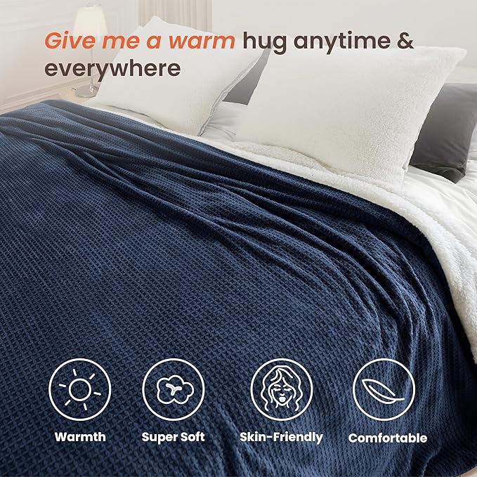 Heated Blanket Electric Blanket Queen Waffle,84x90 Inches Sherpa Fleece Fast Heating Blanket 6 Heating Levels & 10 Hours Auto Off ETL Certification, Navy Queen