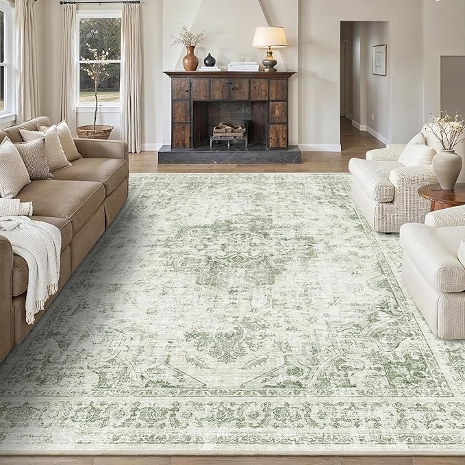 8x10 Vintage Washable Area Rugs Boho Medallion Large Distressed Retro Accent Carpet Floral Non-Slip Soft Low Pile Indoor Throw Rug for Living Room Bedroom Dining Room Office Kitchen, Green