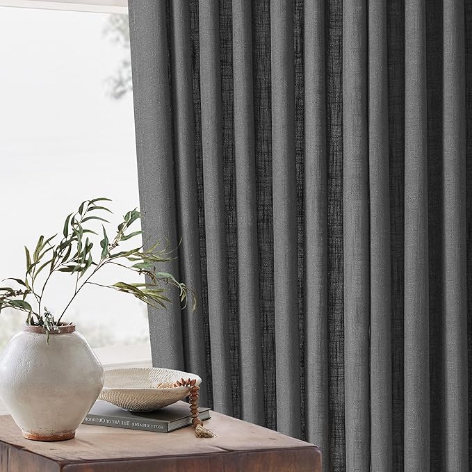 Charcoal Grey Pinch Pleated Linen Cafe Curtains 45 Inch Length 2 Panels for Dining Room Kitchen Bedroom Semi Sheer Pleat Drapes with Hooks Rings Light Filtering Short Window Curtain Cabinet 40x45
