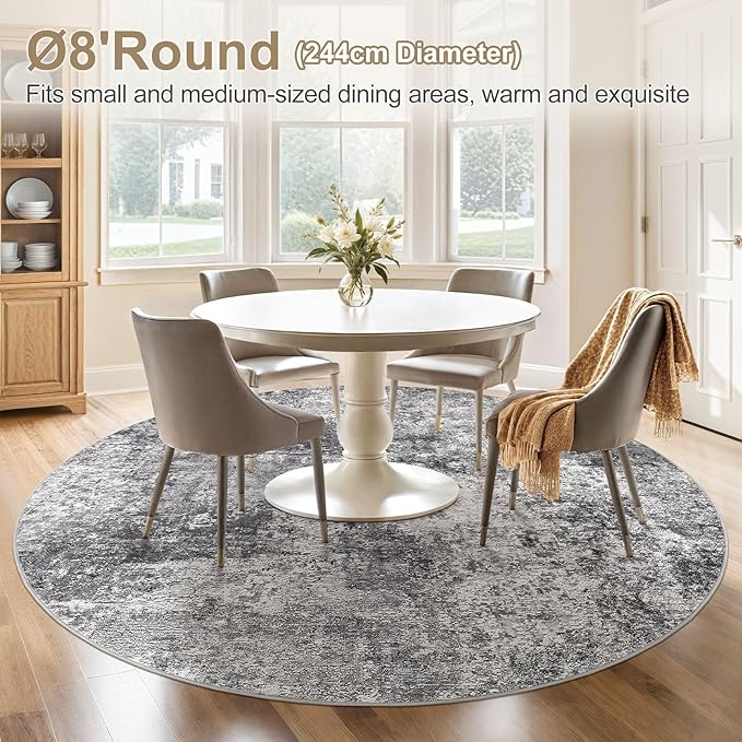 8ft Round Area Rug Living Room Rugs - 8x8 Washable Large Soft Indoor Neutral Modern Abstract Low Pile Rug Carpet for Bedroom Dining Room Farmhouse Home Office - Grey