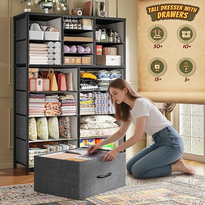 57“H Dresser for Bedroom with Drawers,Fabric Dressers & Chests of Drawers for Bedroom,Large Dresser, Sturdy Metal Frame & Wood Top,Entryway, Hallway(Grey)
