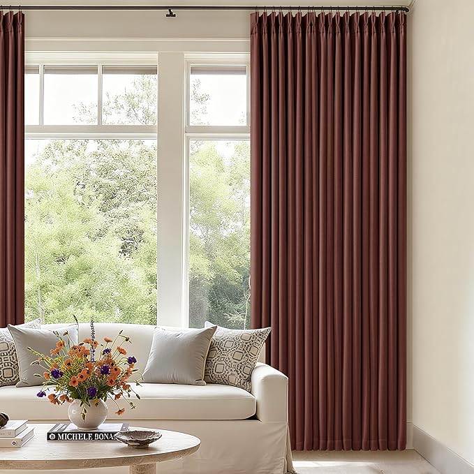 Brown Red Pinch Pleated Blackout Curtains 102 Inches Long for Bedroom 100% Black Out Thick Linen Dual Layer Pleated Drapes Farmhouse Country Terracotta Maroon 102 Inch Curtain for Dining Living Room