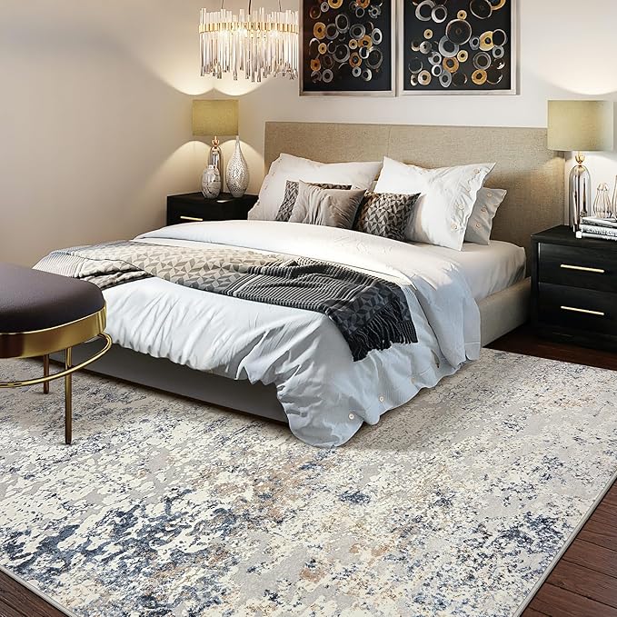 Area Rug Living Room Rugs - 5x8 Abstract Large Soft Indoor Washable Rug Neutral Modern Low Pile Carpet for Bedroom Dining Room Farmhouse Home Office - Beige Blue