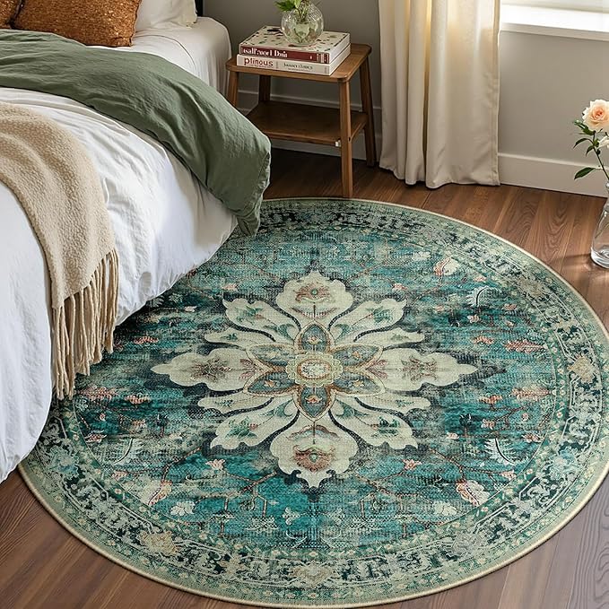 Area Rugs 4ft Washable Non-Slip, Floral Vintage Distress Print Pattern Medallion Carpet for Living Room Bedroom Dining Room, Dark Blue Vintage