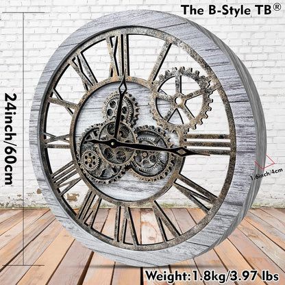 The B-Style Large Wall Clock 24 inch Moving Gear Wall Clock Oversized Vintage Farmhouse Wall Clocks for Living Room Decor Rustic Industrial Wood Clock (Silver Gray and Bronze)