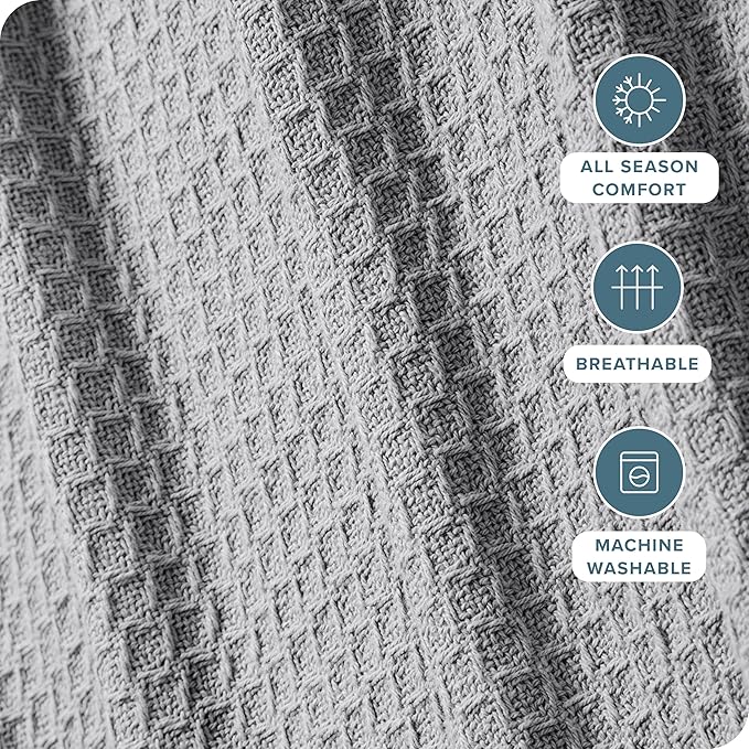 Bare Home Light Grey Waffle Blanket Extra Long 66Wx90L, 100% Cotton, Soft & Breathable Throw for All Seasons, Lightweight Blanket, Perfect for Layering Bed, Sofa & Couch (Twin/Twin XL, Light Grey)