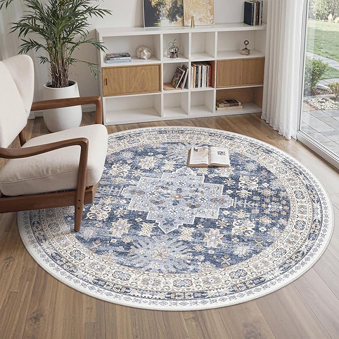 zesthome Washable Round Area Rugs - Non-Slip 6ft Round Rugs, Ultra-Thin Large Circle Rugs for Living Room, Soft Low Pile Rug for Bedroom, Kitchen, Nursery - Vintage Stain Resistant Round Rug