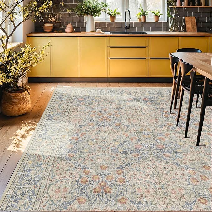 8x10 Washable Rug for Living Room - Stain Resistant Dining Room Rugs for Under Table, Soft Low Pile Large Carpet for Bedroom - Vintage Floral Non-Slip (8x10 Beige Blue)