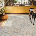 Washable Dining Room Rugs, 6x9 Area Rug for Living Room, Bedroom, Kids Playroom, Baby Nursery - Low Pile Non-Slip Lightweight - Oriental Vintage Design & Stain Resistance (6x9 Light Beige Blue)
