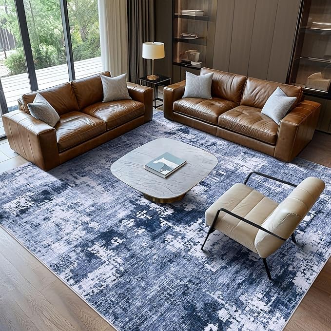 Area Rug Living Room Rugs - 5x7 Washable Large Soft Indoor Neutral Modern Abstract Low Pile Rug Carpet for Bedroom Dining Room Farmhouse Home Office - Navy Blue