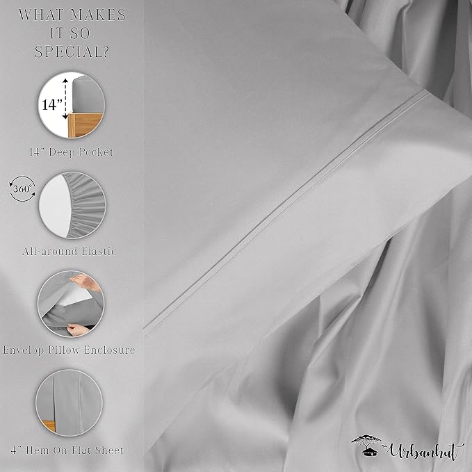 URBANHUT 800 Thread Count 100% Cotton Twin Size Sheets, Luxury 4 Piece Twin Bedsheets, Hotel Sheets Sateen Finish - Better Than Egyptian, 14" Elasticized Deep Pocket - Silver Grey