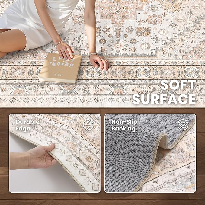 zesthome 9x12 Area Rugs for Living Room,Non-Slip Backing Washable Rugs,Vintage Large Area Rug，Stain Resistant Home Decor Rug