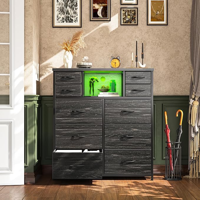Dresser for Bedroom with 10 Drawers Featuring LED Light and Power Outlet, Fabric Dressers & Chest of Drawers with Open Shelves for Hallway, Living Room, Metal Frame,Wood Top,Grain Black