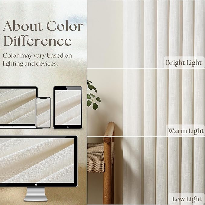 Custom Made Pinch Pleated Linen Curtains 105 Inches Long for Living Room 2 Panels Set Cream Ivory Memory Pleated Drapes Back Tab Neutral Boho Ceiling Floor 105 Inch Window Curtains Natural Birch