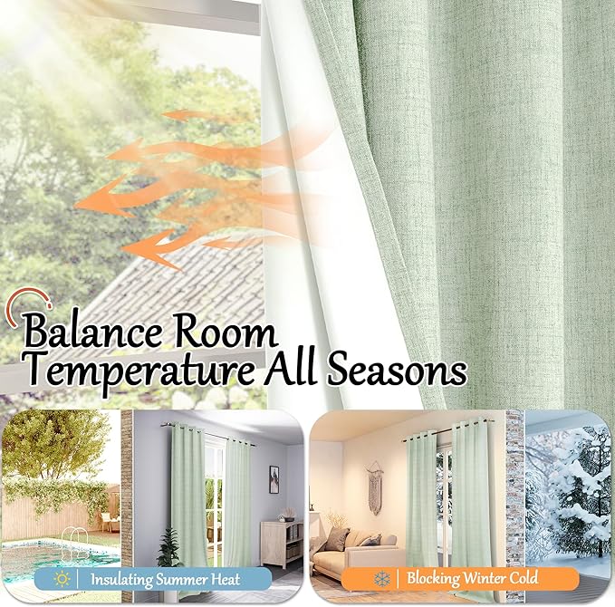 Sage Green Blackout Curtains for Bedroom - Linen Curtains 45 Inch Length Thermal Insulated Privacy Burlap Boho Window Drapes for Basement Scandi Farmhouse Nursery, 2 Panels, Each 52" Wide