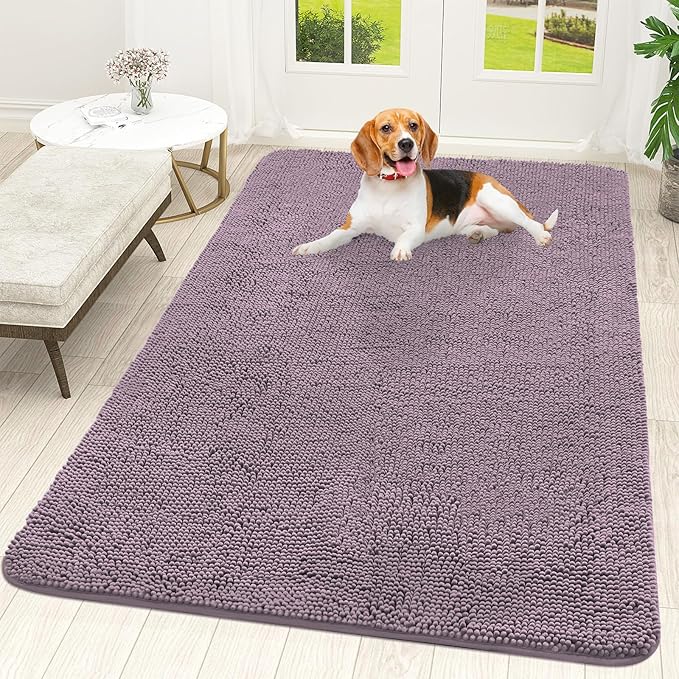 OLANLY Dog Door Mat for Muddy Paws 59x35, Absorbs Moisture and Dirt, Absorbent Non-Slip Washable Doormat, Quick Dry Chenille Mud Mat for Dogs, Entry Indoor Entryway Carpet for Inside Floor, Deep Plum