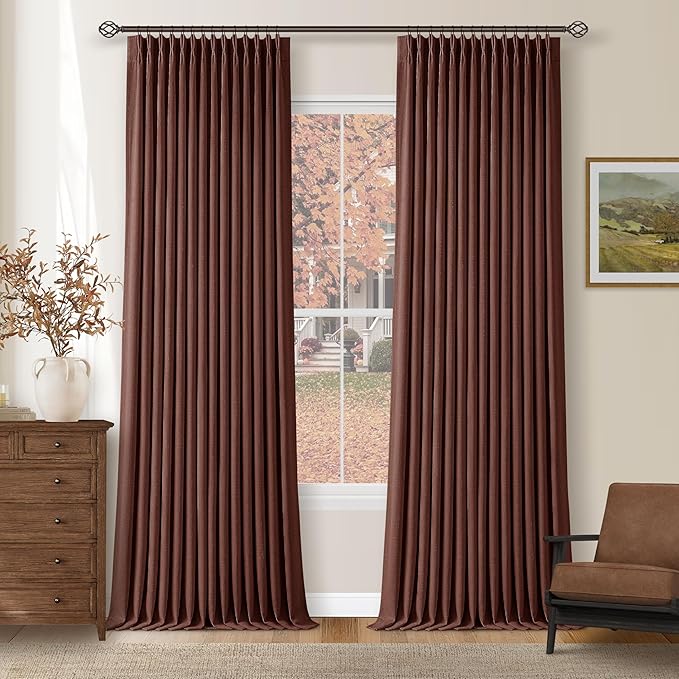 Brown Red Pinch Pleated Blackout Curtains 102 Inches Long for Bedroom 100% Black Out Thick Linen Dual Layer Pleated Drapes Farmhouse Country Terracotta Maroon 102 Inch Curtain for Dining Living Room