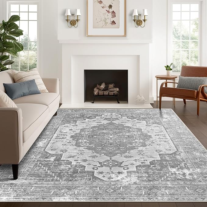vivorug 6x9 Area Rugs, Stain Resistant Washable Rug for Living Room, Vintage-Inspired Grey Floral Rug