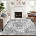 vivorug 9x12 Area Rugs, Stain Resistant Washable Rug for Living Room, Vintage-Inspired Grey Floral Rug