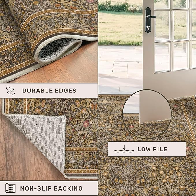 Brown 3x8 Vintage Kitchen Runner Rug Stain Resistant, Wide Washable Non Skid Long Runner Rugs for Hallway, Entryway Indoor, Non-Slip Low Pile Ultra Soft Stain Resistant Floral Carpet