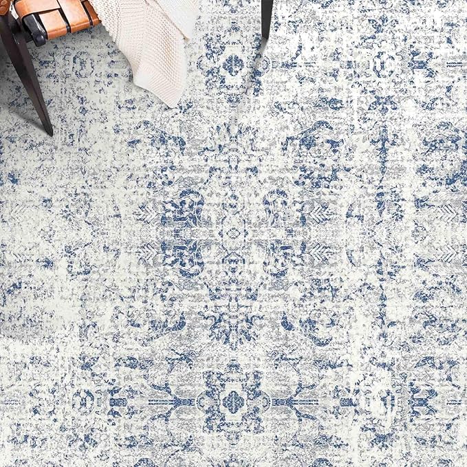 8x10 Area Rugs for Living Room, Non-Slip Backing Washable Rug 8x10, Blue Large Area Rug Soft Carpet for Bedroom Dining Room, Vintage Floral, Easy Clean, Durable, Low Pile Rug Under Table