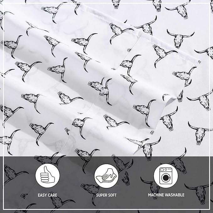 Wrangler - Twin XL Bed Sheets, Breathable & Wrinkle Resistant Bedding with Matching Pillowcase, Lightweight for Year-Round Use, Dorm Essentials (Steer Skulls Black)