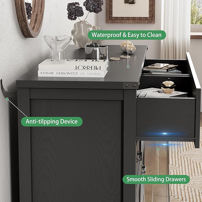 Dresser for Bedroom with 6 Drawers, 54" Wide Wood Chest of Drawers with Deep Drawers & Mental Handle, Modern Dresser TV Stand, Wooden Closet Storage Organizer for Living Room, Hallway, Entryway, Black