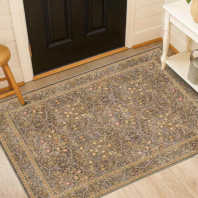 Vintage Gold Brown Entryway Rug, 3x4 Washable Area Rugs for Kitchen, Bathroom, Bedroom, Oriental Low Pile Stain Resistant Non-Slip Small Throw Rug