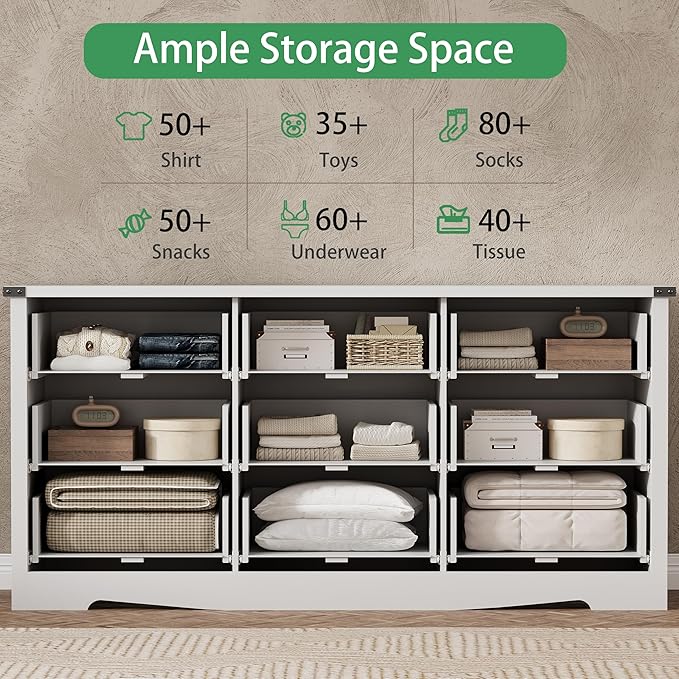 Dresser for Bedroom with 9 Drawers, 63" Wide Wood Chest of Drawers with Deep Drawers & Mental Handle, Modern Dresser TV Stand, Wooden Closet Storage Organizer for Living Room, Hallway, Entryway, White