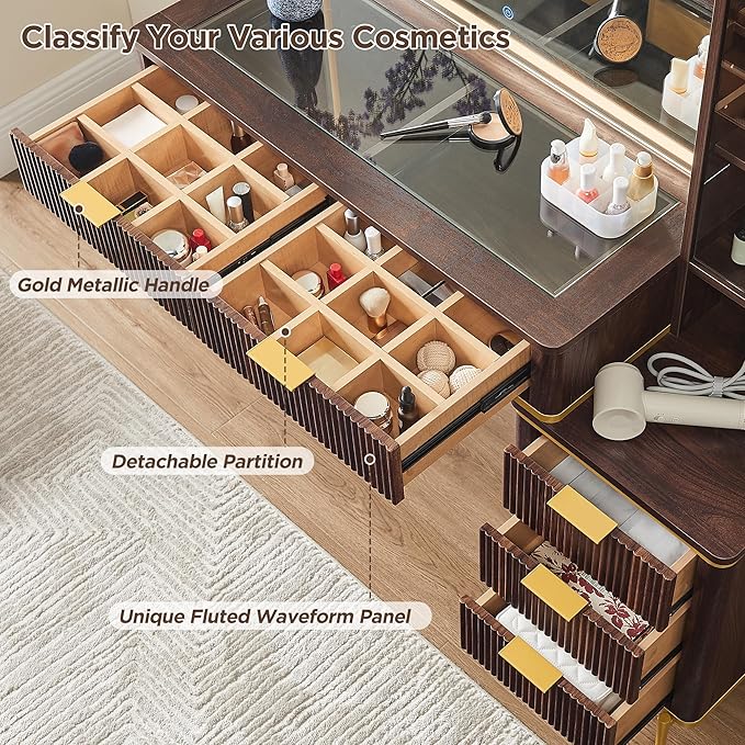 T4TREAM Fluted Makeup Vanity Desk with 36" HD Lighted Mirror, 48" Big Modern Vanity Desk with Mirror and Lights, Dressing Table with 5 Drawers & Shelves, Glass Top for Bedroom, Dark Walnut