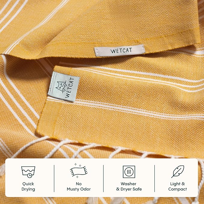WETCAT Turkish Hand Towels with Hanging Loop, Set of 2 (20" x 30") 100% Turkish Cotton, Pre-Washed, Quick Drying, for Kitchen or Bathroom - Honey Gold