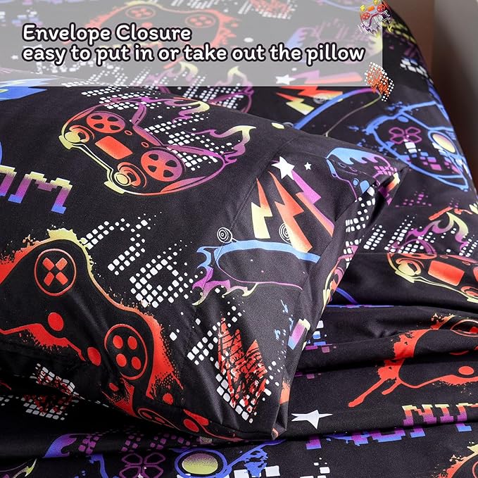 JSD Black Gaming Sheet Set Full Size, 4 Piece Soft Kids Boys Printed Microfiber Bed Sheets Deep Pocket