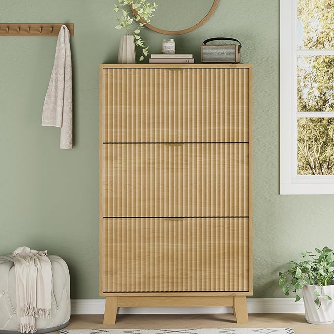 Shoe Cabinet with 3 Flip Drawers, 54" Tall Narrow Fluted Shoe Storage Organizer for Entryway, Hidden Slim Wooden Shoe Rack Cabinet for Front Door Entrance, Hallway, Living Room, Natural Oak