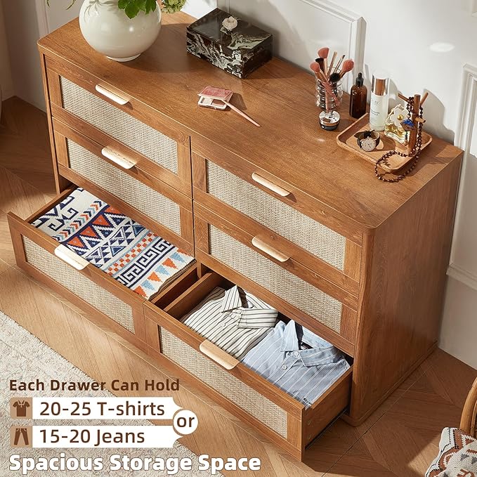 LEYAOYAO Rattan Dresser and Nightstand Sets 3, Boho Wood Dresser for Bedroom with 6 Drawers and Night Stand with 3 Drawer, Bedroom Furniture, Dressers & Chests of Drawers, Living Room, Hallway