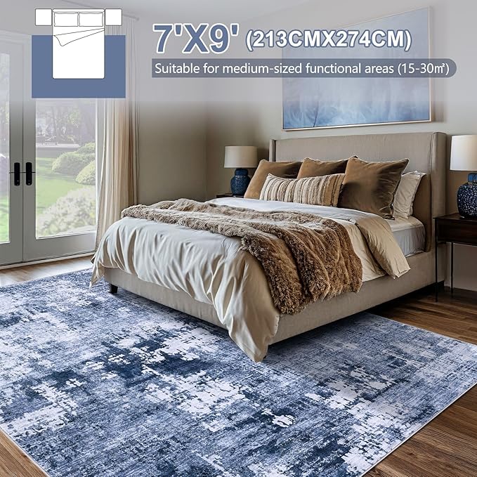 Area Rug Living Room Rugs - 7x9 Washable Large Soft Indoor Neutral Modern Abstract Low Pile Rug Carpet for Bedroom Dining Room Farmhouse Home Office - Navy Blue