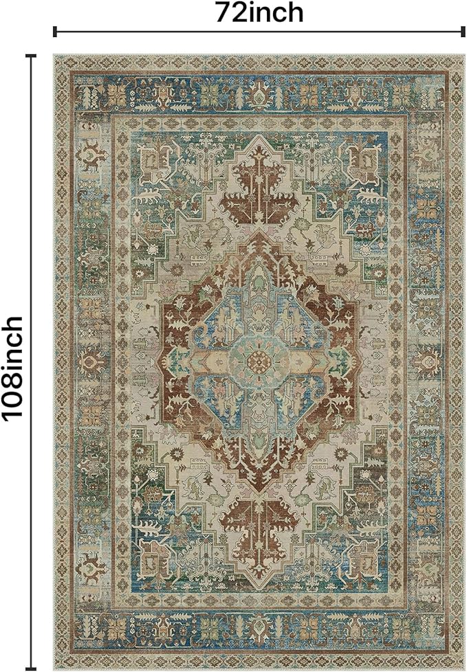 GENIMO 6X9 Area Rugs for Living Room, Machine Washable Vintage Floor Cover Foldable Modern Non Slip Rug, Low Pile Soft Indoor Carpet Floral Print Mat Rug,Bedroom/Dining Room/Home Office,Sage Green