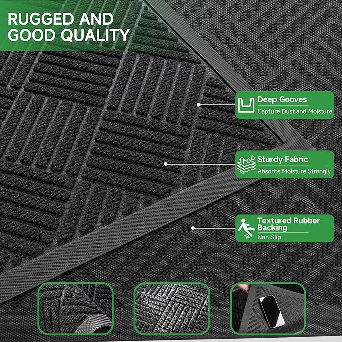 Front Door Mat, Heavy Duty Indoor Outdoor Doormat, 72" x 36" Low Profile Outdoor Mats for Home Entrance, Stain and Fade Resistant Welcome Mat Ideal for High Traffic Area, Diamond Black