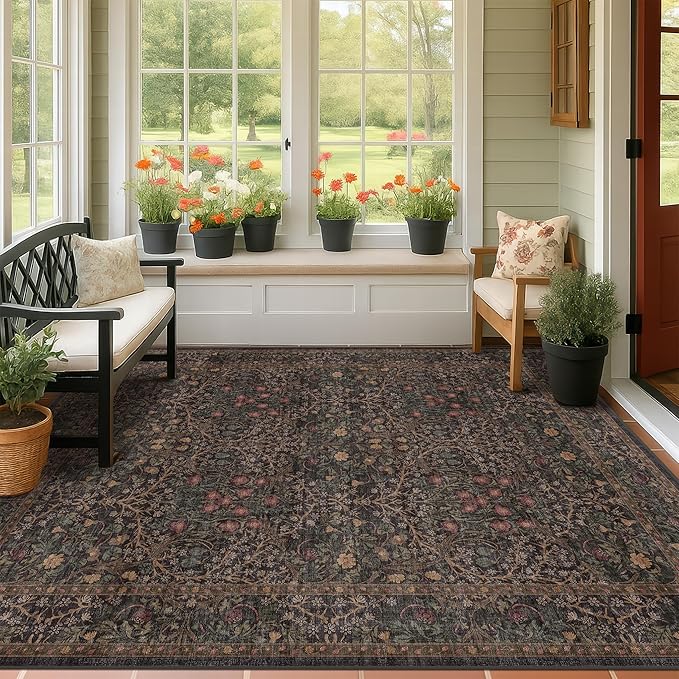 Dark Brown Washable 5x7 Area Rugs for Living Room, Non-Slip Soft Rugs for Bedroom, Dining Room, Home Office, Deep Olive Accent Floral Vintage Cottage Indoor Carpet Décor, Low Pile Stain Resistant