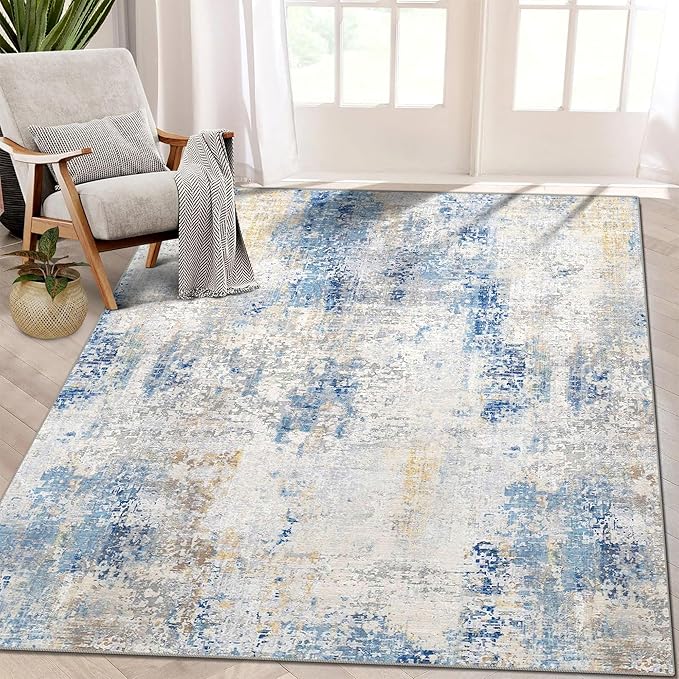 4x6 Rug, Small Area Rug for Living Room, Bedroom, Kitchen, Machine Washable Non-Slip Throw Rug, Modern Abstract Carpet for Entryway Nursery Coffee Table, Blue Ivory Yellow