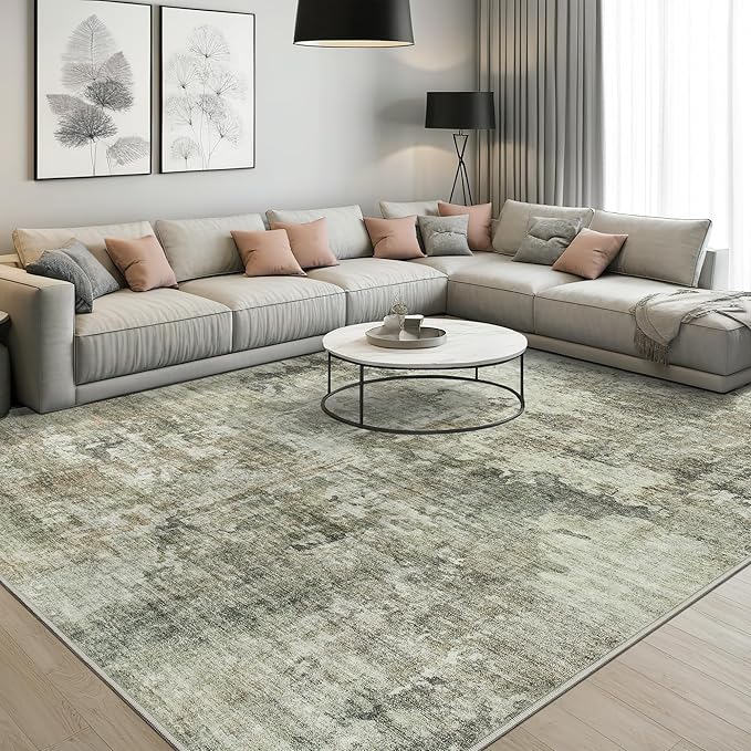Abstract Rug 8x10 Large Living Room Neutral Modern Washable Area Rugs for Bedroom Dining Room Non-Slip Stain Resistant Foldable Thin Green Black