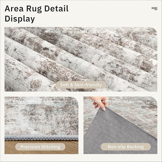 9x12 Area Rugs for Living Room, Non Slip Machine Washable Vintage Rugs, Low Pile Lightweight Large Rug for Bedroom, Dining Room, Home Office Grey Pink