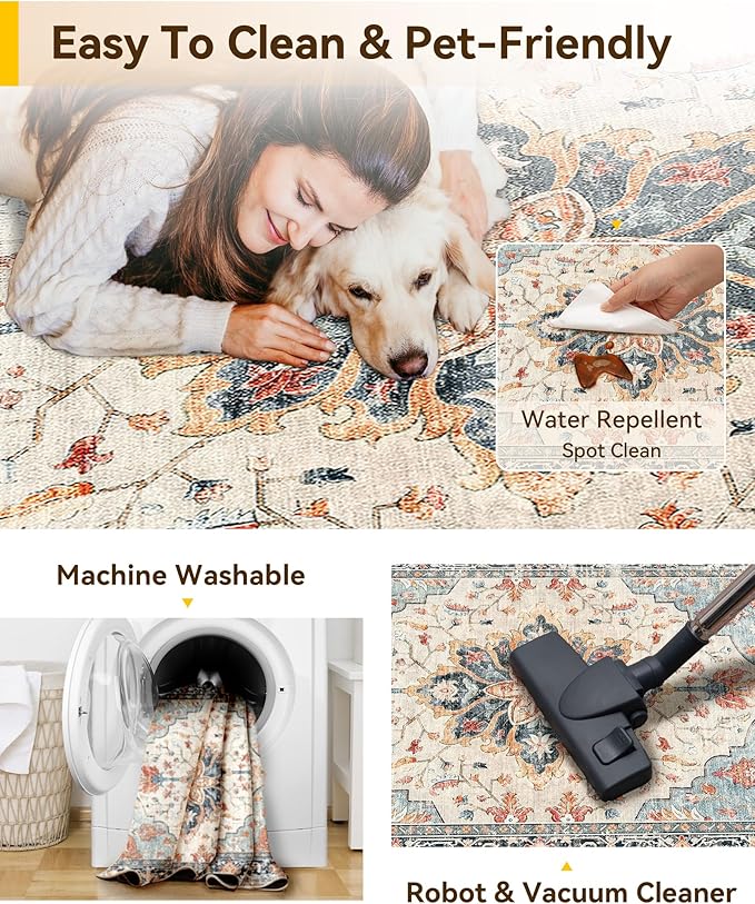 Area Rugs 4'x6' Washable Non-Slip, Floral Vintage Distress Print Pattern Medallion Carpet for Living Room Bedroom Dining Room, Beige Navy Blue Orange Colorful