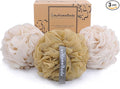 myHomeBody Large 70g Loofah Sponge, Body Scrubber, Bath Sponge, Loofah for Women, Men, Exfoliating Sponge Shower Pouf with Activated Charcoal - 2 Oat Milk + 1 Caramel, 3 Pack