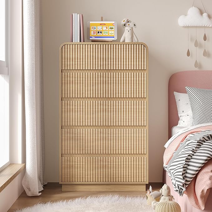 Tall Dresser for Bedroom with 5 Drawers, Fluted Chest of Drawers with Round Curved Corner, Hidden Handles, Modern Wood Storage Organizer for Bedroom, Nursery, Living Room