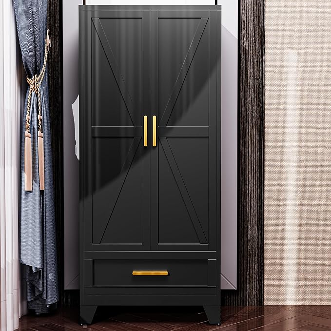 Metal Armoire Wardrobe Closet,71" Tall Black Storage Cabinet with Hanging Rod,2 Drawers & Adjustable Shelves,Heavy-Duty Steel Wardrobe for Bedroom, Garage, and Office