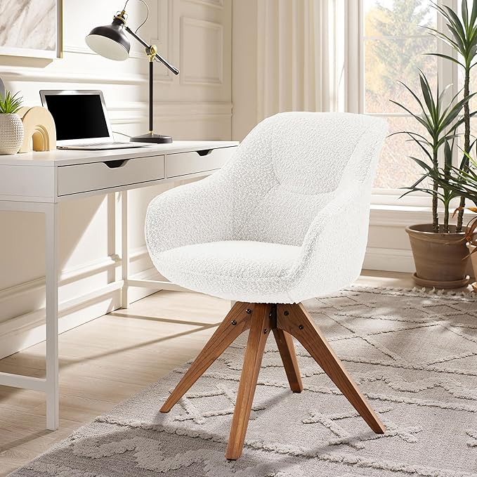 Zouron Mid Century Modern Accent Chair with Oak Wood Legs, Upholstered Swivel Chair No Wheels, Side Accent Armchair Vanity Chair for Small Space Home Office Living Room Bedroom, Ivory