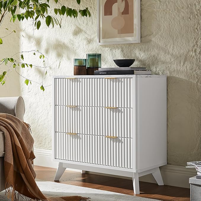 T4TREAM Fluted 3 Drawers Nightstand, Oversized Extra Large Modern Side Table with Faux Marble Top, End Table Bedside for Bedroom, Living Room, Curved Profile Design, Solid White